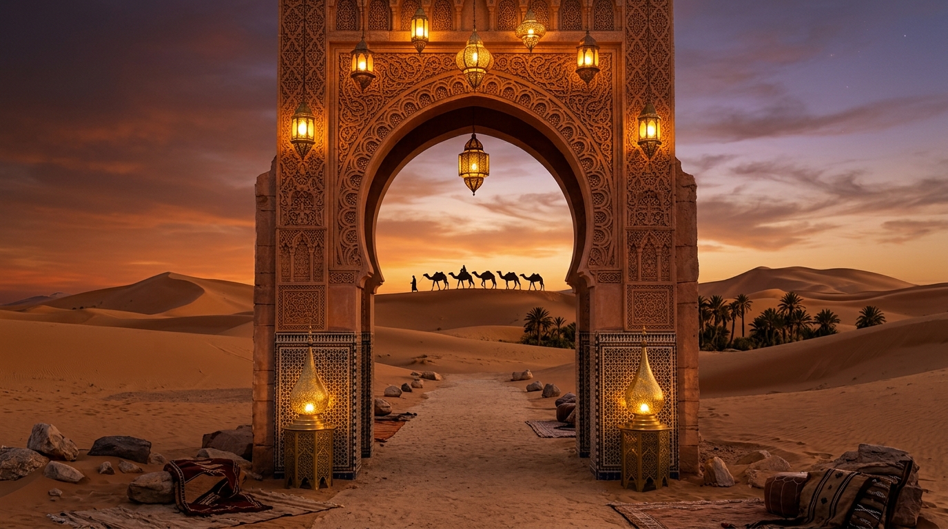Your Gate to the Sahara — Twilight Moroccan Arch with Glowing Lanterns — Desert Gate Tours