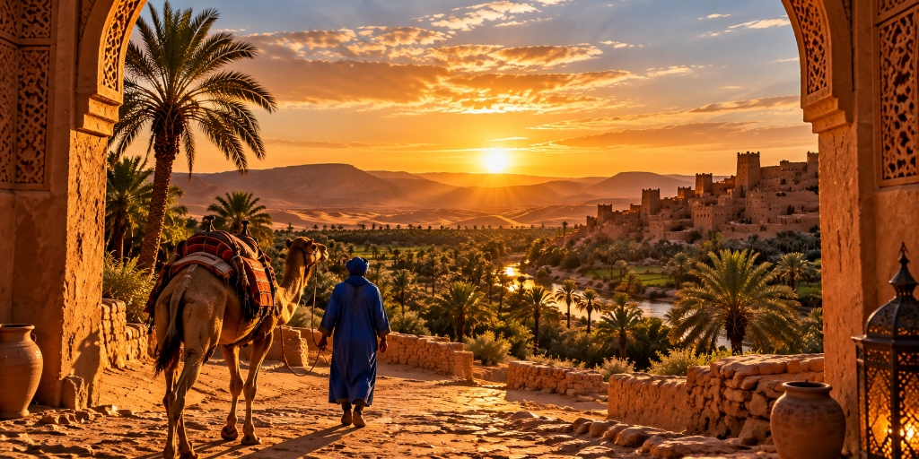 Sunset Desert Gate with Nomad and Camel Caravan — Desert Gate Tours